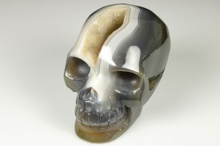 Polished Banded Agate Skull with Quartz Crystal Pocket #190522